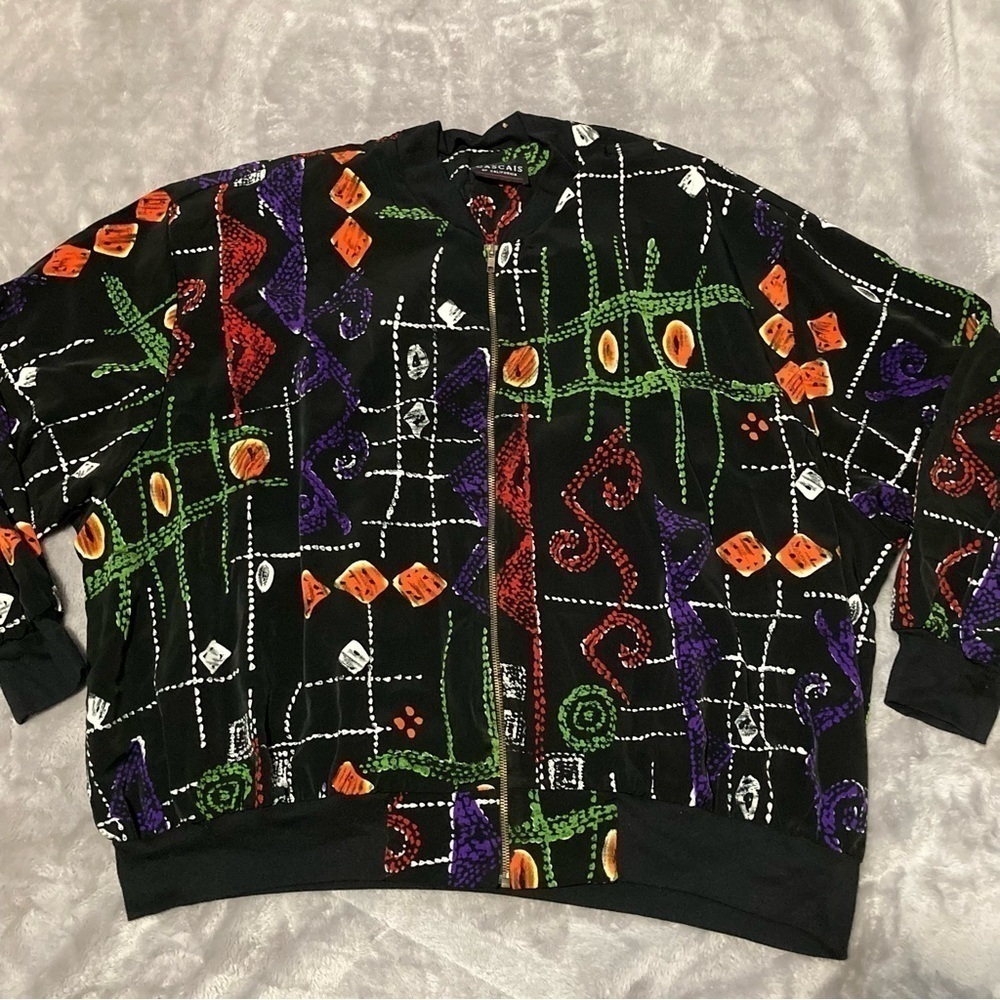 Vintage Cascais Bold Abstract Print Full Zip Bomber Jacket Shoulder Pads Size 2X